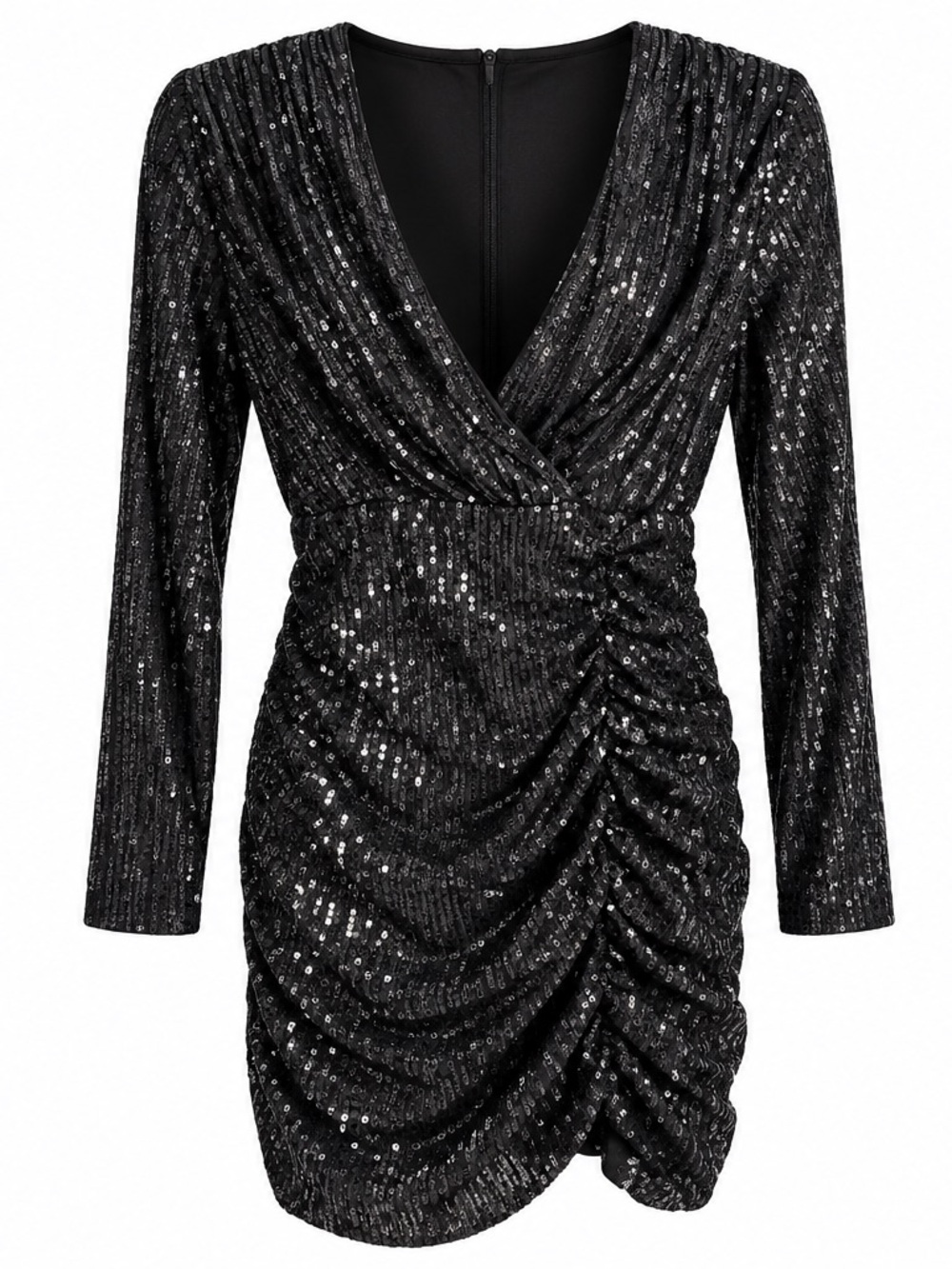 Black Sequin Ruched Long-Sleeve Party Dress